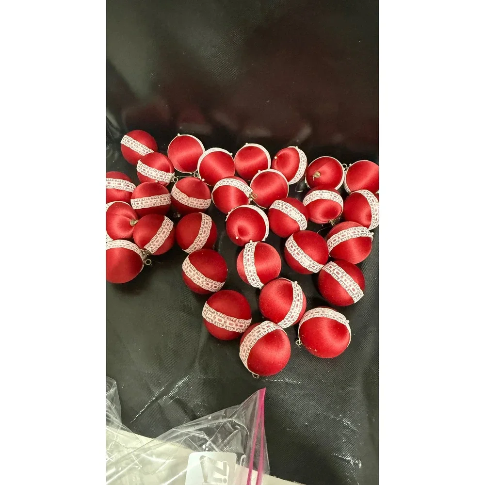 Vintage Red Satin Wrapped Christmas Ornaments‎ White Lace Pearl Trim Lot 30pc